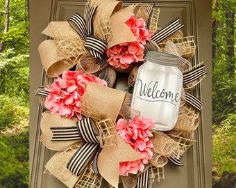 Front Door Wreaths for Spring, Pink Hydrangea Wreath, Easter, All Season, Year Round, Mothers Day Gift, Farmhouse Decor, Wreaths for Spring