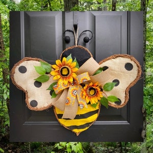 Bee Wreath with Sunflower: Burlap Farmhouse Door Decor
