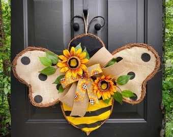 BEE WREATH for Front Door, Bee Decor, Sunflower Wreath, Summer Door Wreaths, Every Day Door Hanger, Burlap Wreath, Farmhouse Wreath, Gift