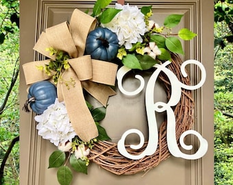 FALL Monogram Wreath, Blue Pumpkin Wreath, Burlap Fall Wreath, Wreath with letter, Hydrangea Fall Wreaths, Front Door Wreath, Autumn Decor