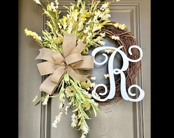 NEUTRAL FALL Wreath, Farmhouse Fall Wreath, Monogram Wreath, Pumpkin Wreaths for Front Door, Grapevine Fall, Rustic Harvest Wreath, Autumn