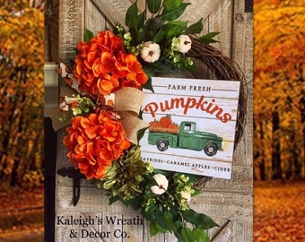 Fall Truck Wreath, Turquoise Truck, Front Door Wreath, Fall Farmhouse Decor, Hydrangea Wreaths, Autumn Pumpkin Wreath, Rustic Truck, Fall