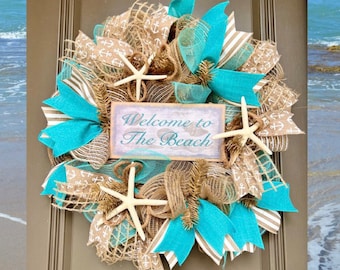 Beach Wreath for Front Door, Starfish Wreath, Coastal Decor, Burlap Beach Wreath, Beach Decorations, Starfish Front Door, Beach House Decor