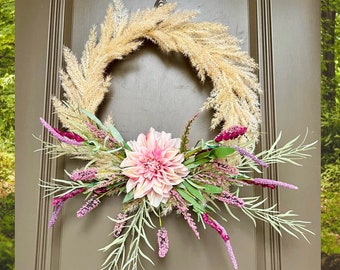 Elegant Spring Wreath for Front Door, BOHO Pompass Grass Decor, Year Round Wreath, Every Day Wreath, Front Door Wreath, Spring Home Decor,