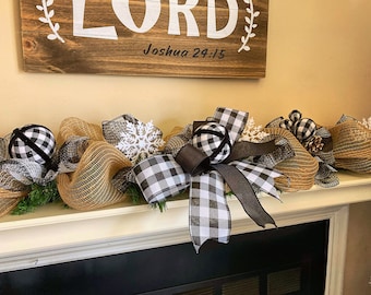 Buffalo Check Christmas Decorations, Christmas Garland for Mantle, Garland for staircase, Garland for Front Door, Black and White Plaid