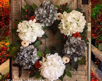 Fall Wreath, Hydrangea Wreath, Pumpkin Wreath, Thanksgiving Decor, Front Door Wreath, Rustic Fall Decor, Farmhouse Fall Wreath, Berry Wreath
