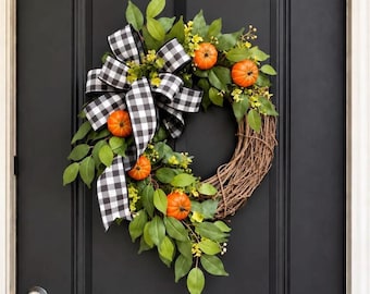 Farmhouse fall Wreath for Front Door, Natural Burlap Door Hanger, Buffalo Plaid Designer Fall Decor, Buffalo Check Door Decor, Fall Wreaths