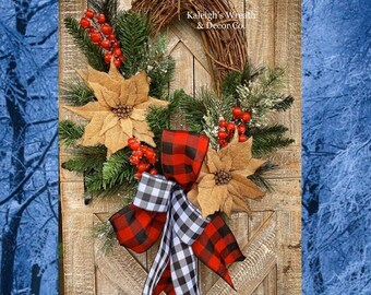 Farmhouse Christmas Wreath for Front Door, Burlap Wreath, Christmas Door Hanger, Buffalo Plaid Christmas Decor, Poinsettia Grapevine Wreath
