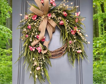 Cascading Spring Wreath for Front Door, Floral Grapevine Wreath, Burlap Door Wreath, Farmhouse Home Decor, Gifts for Her, Summer Door Decor