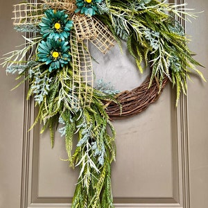 Turquoise Farmhouse Spring Wreath, Monogram Wreath, Spring Front Porch Decor, Year Round Wreaths, Every Day Wreath, Mothers Day Gift, Home image 2
