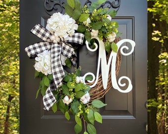 Monogram Wreath, Buffalo Check Wreath, Year Round Wreath, Every Day Wreath, Hydrangea Wreaths, Front Door Wreath, Spring Wreath, Decor