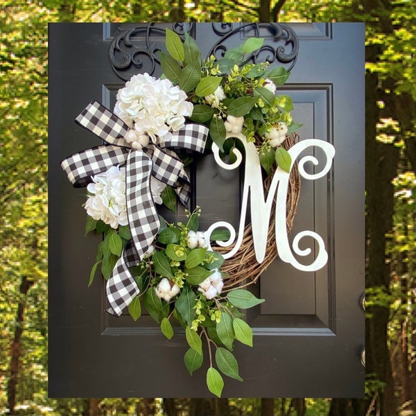 Monogram Wreath: Buffalo Check Bow, White Hydrangeas, Front Door Decor