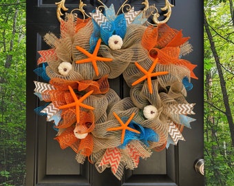 Fall Beach Deco mesh Wreath - Starfish Wreath - Coastal Fall Decor - Burlap Beach Wreath - Pumpkin Beach Decorations, Starfish Front Door