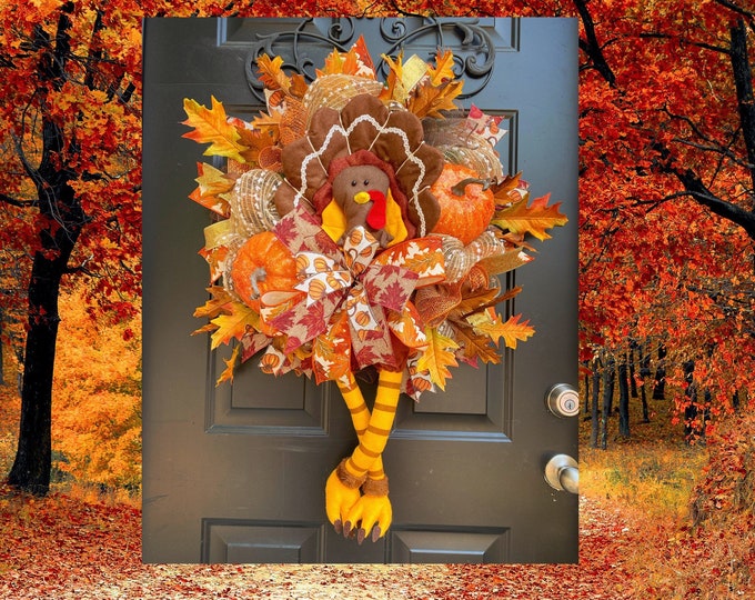 Featured listing image: Turkey wreath, FALL WREATH, Thanksgiving Decor, Turkey Decor, Fall Wreaths for Front Door, Fall Wreaths, Autumn Wreath, Front Door Wreaths