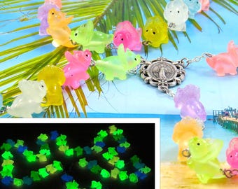 Dinosaur Triceratops Rosary - Multi Color Glow in the Dark Triceratops Dinosaur Beads - Italian Mary Center - Italian Eucharistic Crucifix