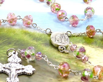 Pink & Purple Rose Flower Rosary - Faceted Pink Rose and Purple Flower Lamp Glass Beads -Our Lady of Lourdes Center -Italian Ornate Crucifix