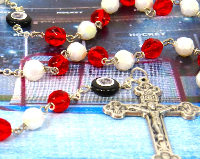 Hockey Rosary - Czech 8mm Red and White Beads - Czech Hockey Pucks - Italian Silver Saint Sebastian Center - Italian Eucharistic Crucifix