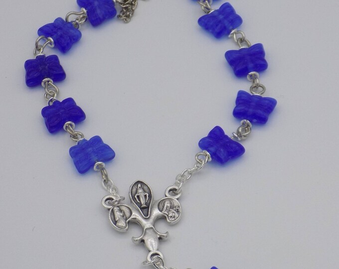 One Decade & Car Rosaries - Blue Butterfly Beads - Emerald Lamp Glass - Oriental Porcelain Beads - Italian Silver Centers and Crucifixes