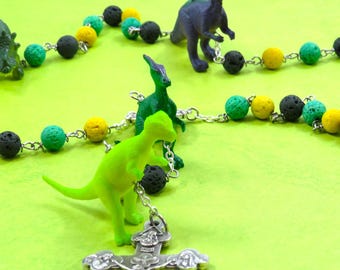 Dinosaur Rosary - Green, Yellow & Dark Green Lava Gemstone Beads - Textured Dinosaur Beads - Miraculous Center- Italian Eucharistic Crucifix