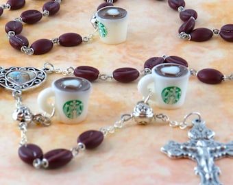 Coffee Bean & Cup Rosary - Czech Coffee Bean Glass Beads - Resin Coffee Cup Beads -  Our Lady of Medugorje Center- Italian Filigree Crucifix