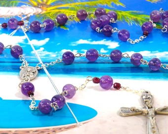 Amethyst Rosary - Semi Precious Amethyst Beads - Italian Mater Dolorosa with Earth From Jerusalem Center - Italian Crown of Thorns Crucifix