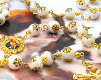 Gold Snowflake Rosary - White Frosted Glass with Gold Snowflake Beads - Glass Dome Gold Mary Center - Italian Gold French Lily Tip Crucifix