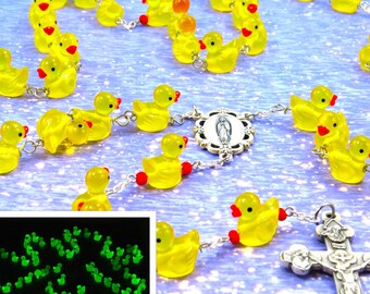 Ducky Rosary - Glows in the Dark - Hand-Painted Duck Beads - Orange Beads -Italian Our Lady of Guadalupe Center-Italian Eucharistic Crucifix