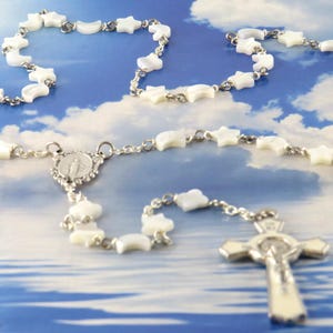 Celestial Mother of Pearl Rosary - Mother of Pearl Star, Moon & Cloud Shaped Beads - Miraculous Mary Center - White St Benedict Crucifix