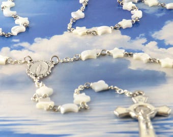 Celestial Mother of Pearl Rosary - Mother of Pearl Star, Moon & Cloud Shaped Beads - Miraculous Mary Center - White St Benedict Crucifix
