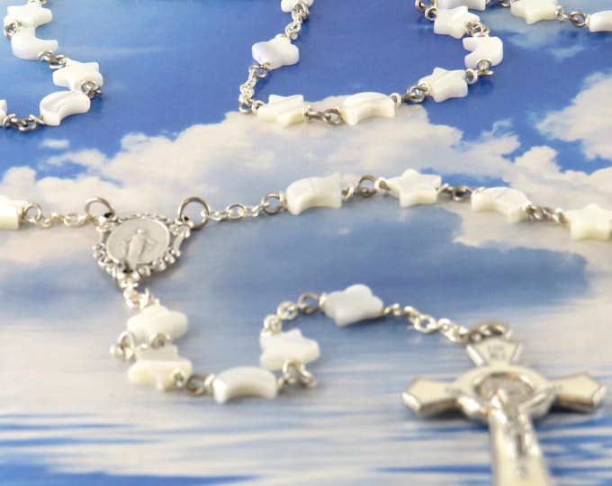 Celestial Mother of Pearl Rosary - Mother of Pearl Star, Moon & Cloud Shaped Beads - Miraculous Mary Center - White St Benedict Crucifix