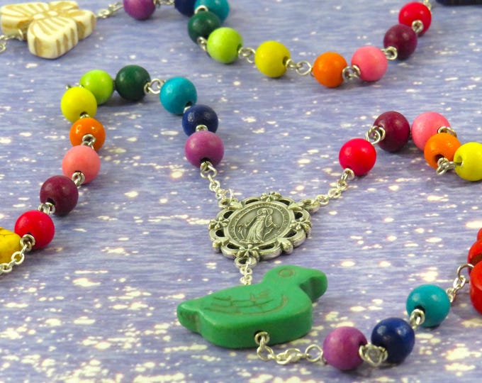 Noah's Ark Rainbow Rosary - Multi-Color Hand-Waxed Cheesewood Beads - Stone Animal Beads -Miraculous Mary Center-Purple St Benedict Crucifix