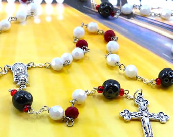 Bowling Ball Rosary - Czech White and Red Glass Beads - Ceramic Bowling Balls - Italian Mary and Jesus Center - Italian Eucharistic Crucifix