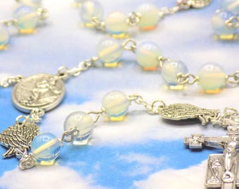 Guardian & Archangel Rosary - Sea Opal Round Crystal Beads - Silver Angel Wings - Italian Guardian Angel Center - Italian Angels Crucifix