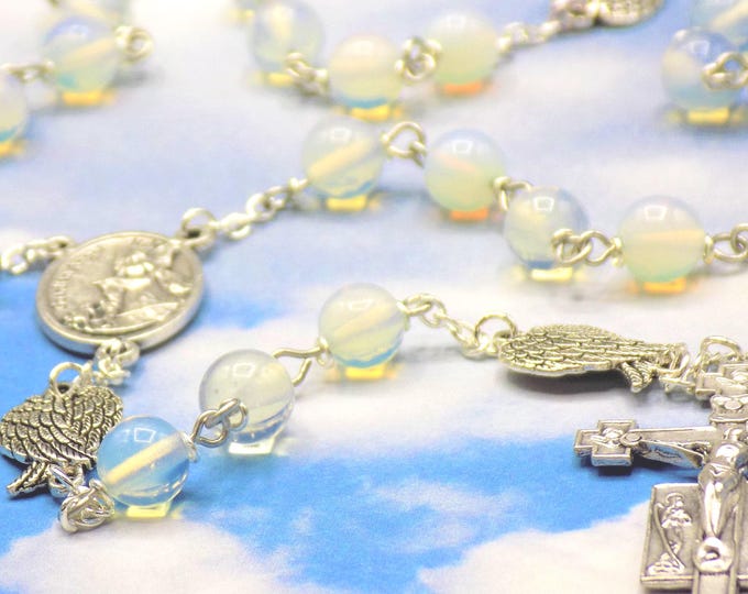 Guardian & Archangel Rosary - Sea Opal Round Crystal Beads - Silver Angel Wings - Italian Guardian Angel Center - Italian Angels Crucifix