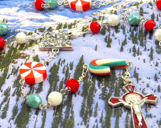 Christmas Candy Rosary - Candy Canes & Peppermint Candy Beads - Czech Glass Beads - Italian Holy Family Nativity Center -Red Enamel Crucifix