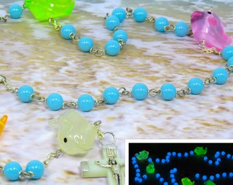Dolphin Rosary "Glows in the Dark" - Multi Color Resin Dolphin Beads-Ocean Blue Glass Beads- Italian Mary Center - Italian Luminous Crucifix