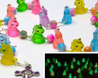 Unicorn Rosary - Multi-Color Glow in the Dark Unicorn Beads - Rainbow Glass Beads - Our Lady of the Rosary Center - Purple Enamel Crucifix