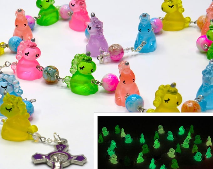 Unicorn Rosary - Multi-Color Glow in the Dark Unicorn Beads - Rainbow Glass Beads - Our Lady of the Rosary Center - Purple Enamel Crucifix