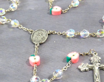 Teacher Rosary - Czech AB Crystal Beads - Pink Apple Father Beads - St John Baptist De La Salle Center - Italian Fleur-de-Lis Fiat Crucifix