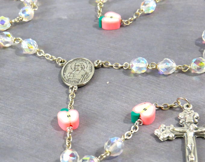 Teacher Rosary - Czech AB Crystal Beads - Pink Apple Father Beads - St John Baptist De La Salle Center - Italian Fleur-de-Lis Fiat Crucifix