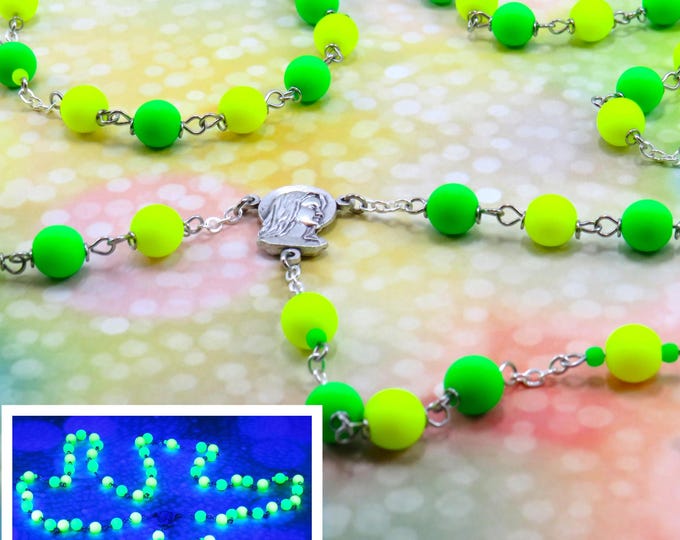 Fluorescent Green and Yellow Neon Rosary-Czech Flurescent Green & Yellow Neon Glass Beads-Italian Fatima Center-Italian Eucharistic Crucifix