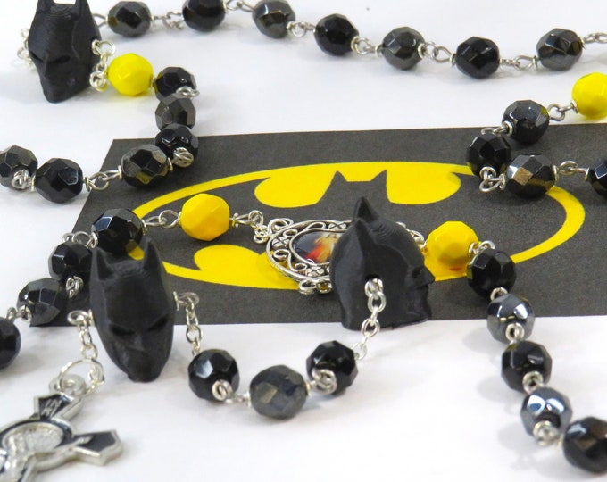 Batman Rosary - Czech Black, Gray & Yellow 8mm Crystal Beads -3D Batman Father Beads -Divine Mercy Center -St Benedict Black Enamel Crucifix