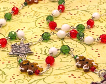 Gingerbread Man Christmas Rosary - Czech Green, White & Red Beads - Lamp Glass Gingerbread Beads - Nativity Center - Red Enamel S/B Crucifix