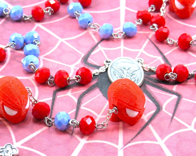Spider-Man Rosary - Czech Red and Blue Opaque 8mm Crystal Beads  - 3D Spider-Man Father Beads - St Michael Center -Ital Eucharistic Crucifix