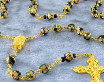 Black Flower Cloisonné Rosary - Cloisonné Metal Black 8mm Beads - Italian Silver Fatima Center with Water - Italian Silver Filigree Crucifix