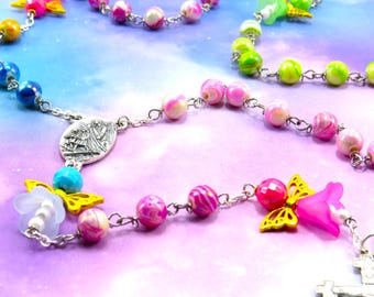 Angel Rosary - Glass Multi Color Swirl Beads - Acrylic Angel Father Beads - Italian Guardian Angel Center - Italian Silver Angel Crucifix