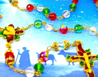 Beautiful Christmas Poinsettia Rosary -Red, Green and Clear AB Crystal Beads -Rhinestone Father Beads-Christmas Poinsettia Center & Crucifix