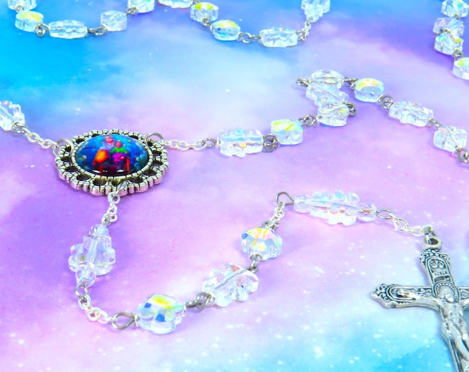 Teddy Bear Rosary - AB Crystal Teddy Bear Beads - Czech AB Clover Beads - Colorful OL of Mount Carmel Center -Italian Silver Ornate Crucifix