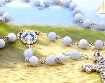 Aquamarine Rosary - Semi Precious Aquamarine 8mm Beads - Czech Accent Beads - Italian Miraculous Mary Center - Italian Eucaristic Crucifix