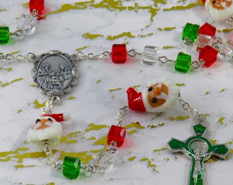 Santa Claus Rosary - Red, Green & Clear 8mm Glass Beads - Santa Claus Lampglass Beads - Holy Family Nativity Center - Green Enamel Crucifix